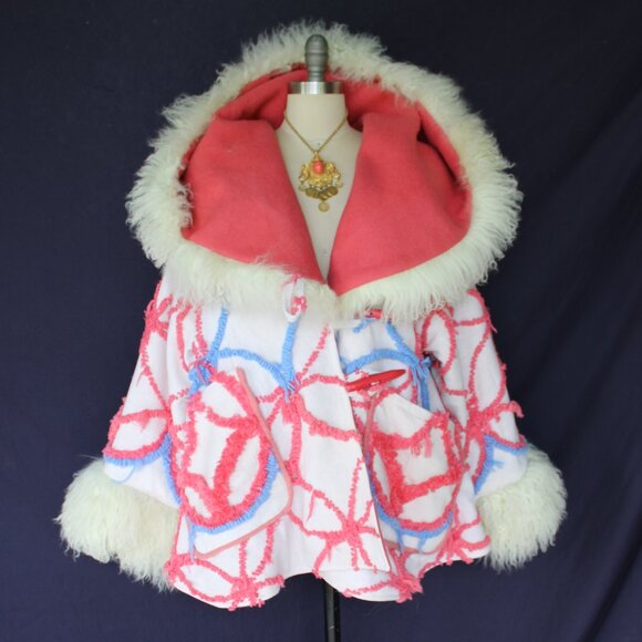 Artisan Vintage Chanille blanket jacket mongolia lamb cloak poncho toggle coat - Picture 4 of 12